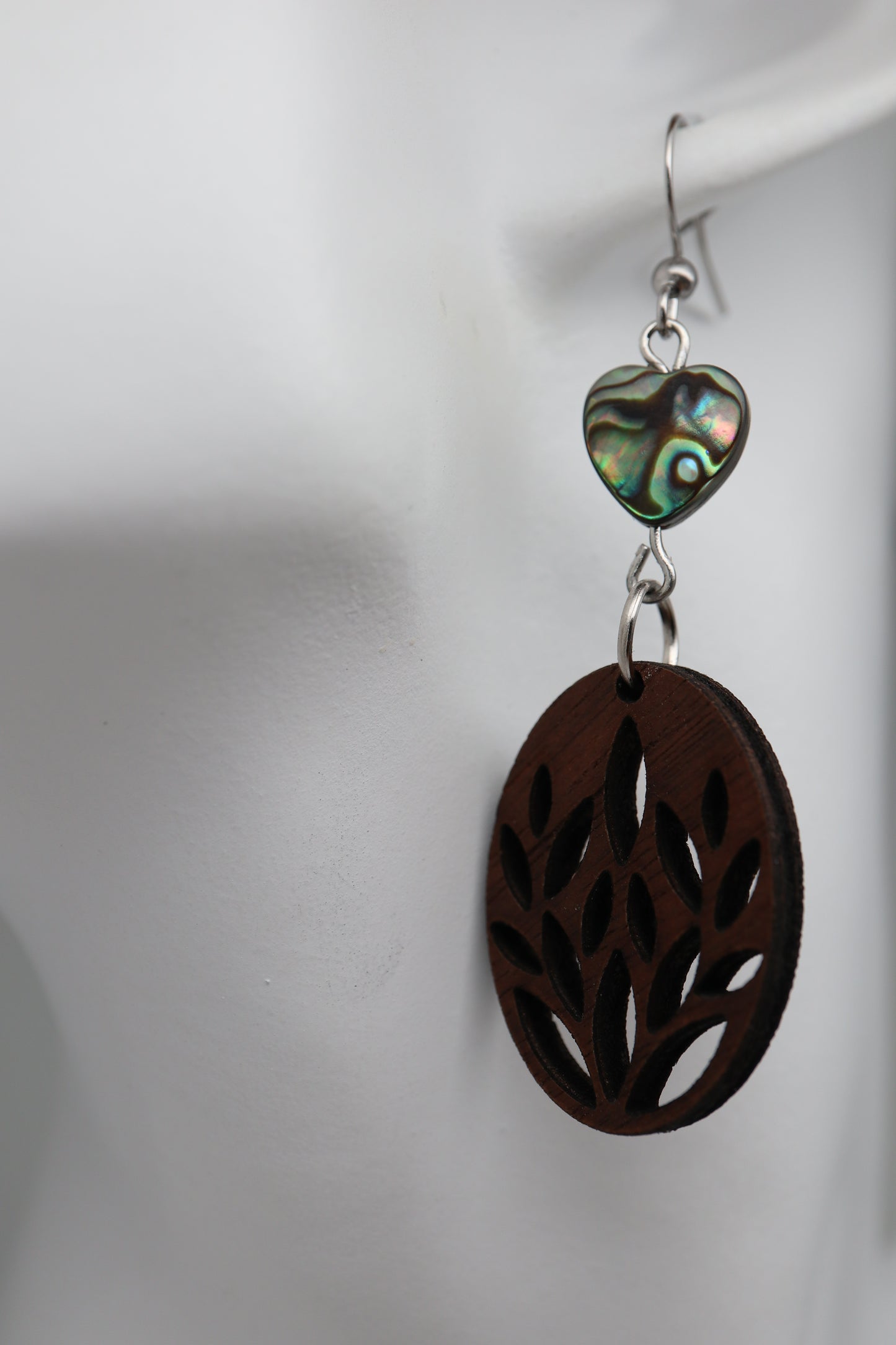Leaf Cutout & Abalone Heart Earrings