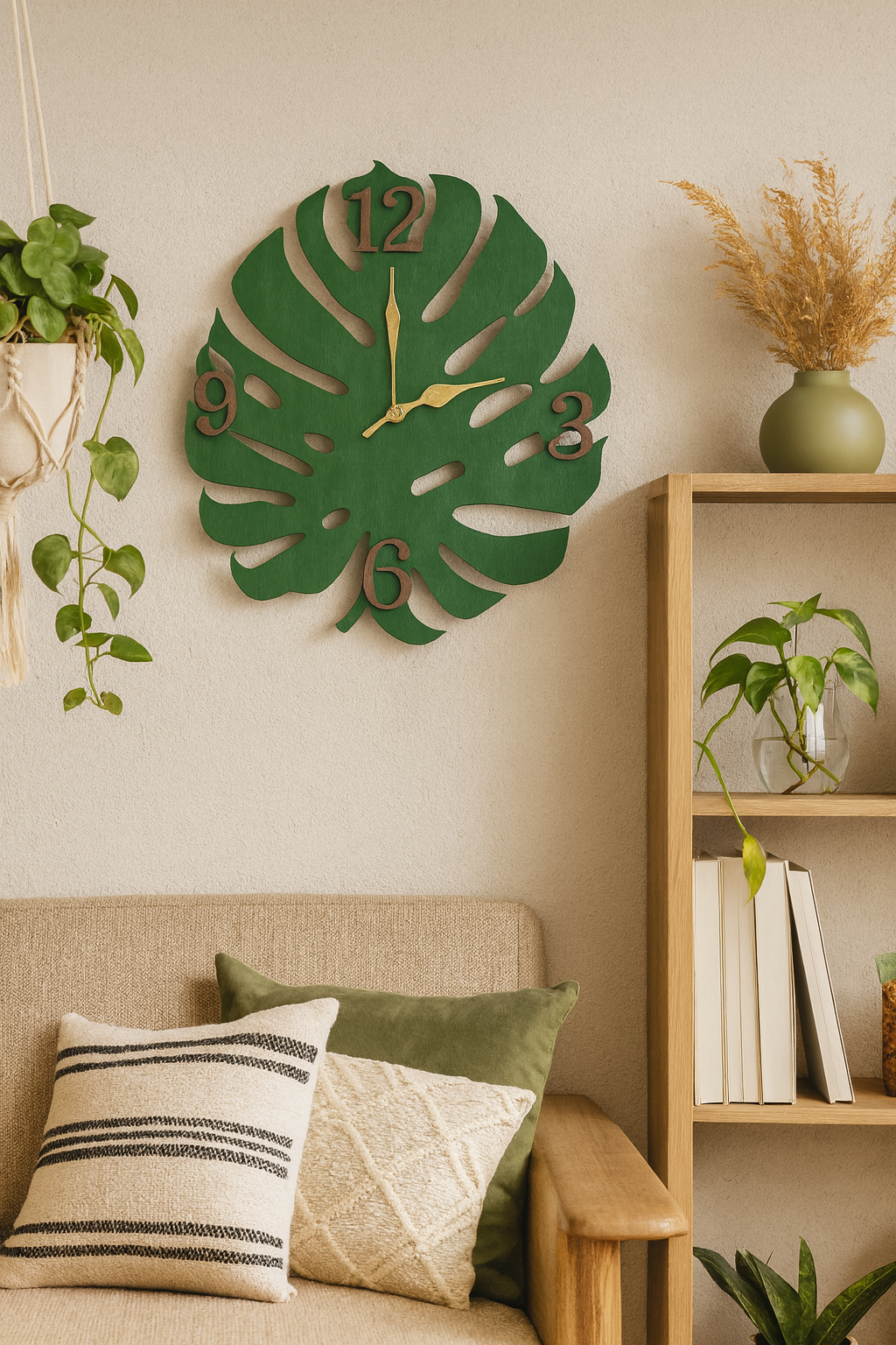 🌿 Monstera Leaf Clock – Bronze Number & Gold Leaf-Style Hands Edition