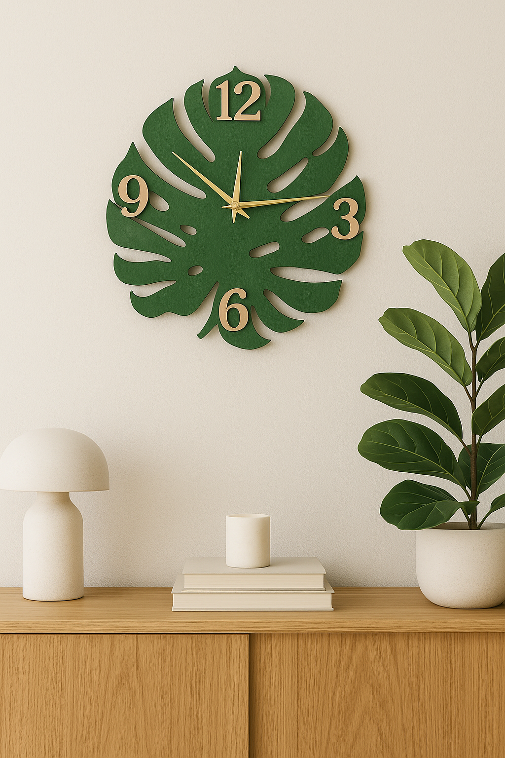 🌿 Rustic Monstera Leaf Clock – Rustic Forest Green With light Woodgrain Numbers Edition