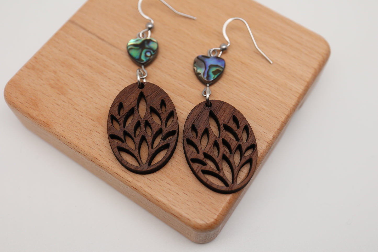 Leaf Cutout &amp; Abalone Heart Earrings