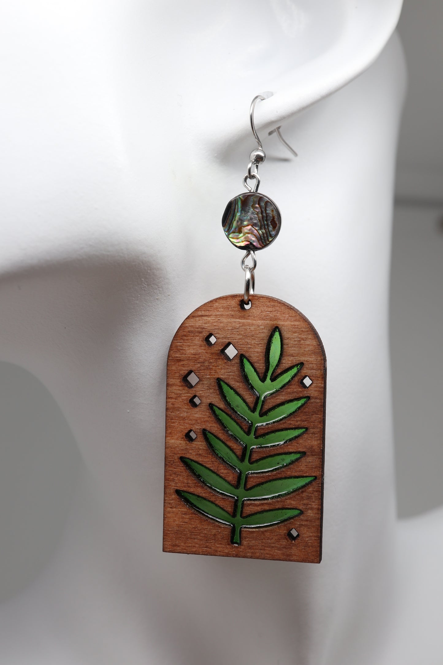 ✨ Woodland Fern + Abalone & Stained Birch Wood Glow Earrings ✨