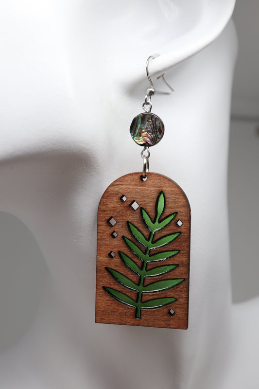 ✨ Woodland Fern + Abalone & Stained Birch Wood Glow Earrings ✨