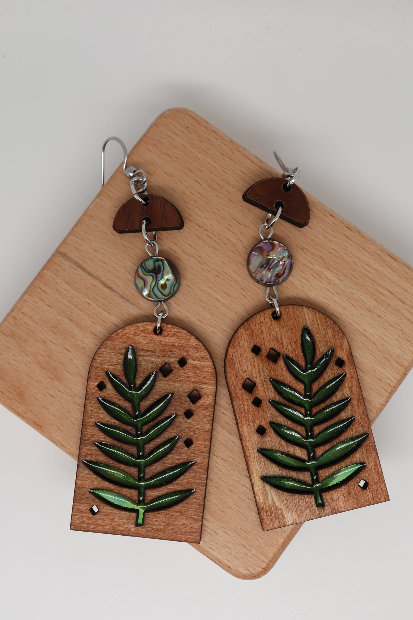 ✨ Walnut Fern Windows + Abalone Gem Dangle Earrings  ✨