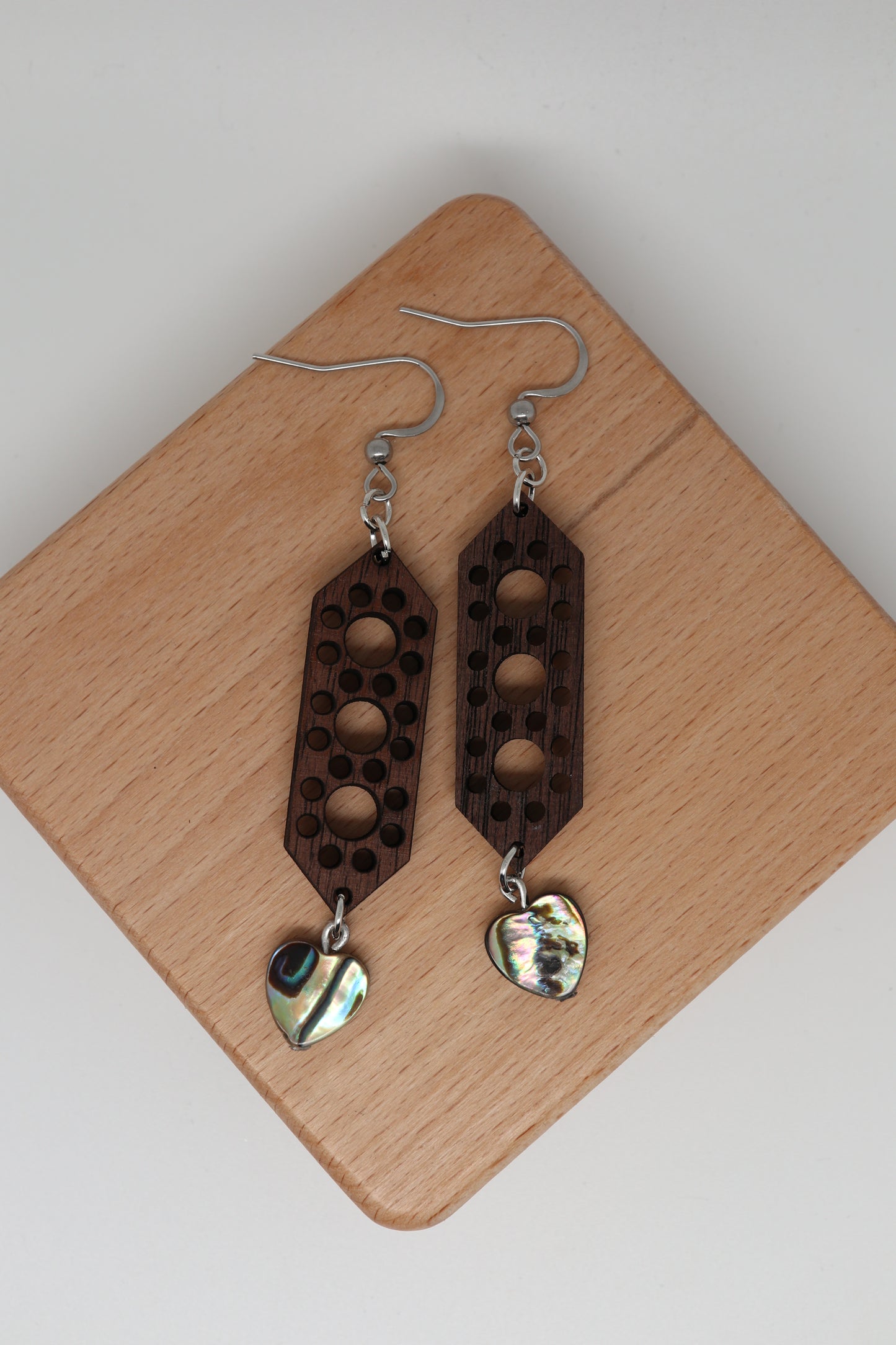 ✨ Walnut Orbit Panel + Abalone Heart Earrings ✨