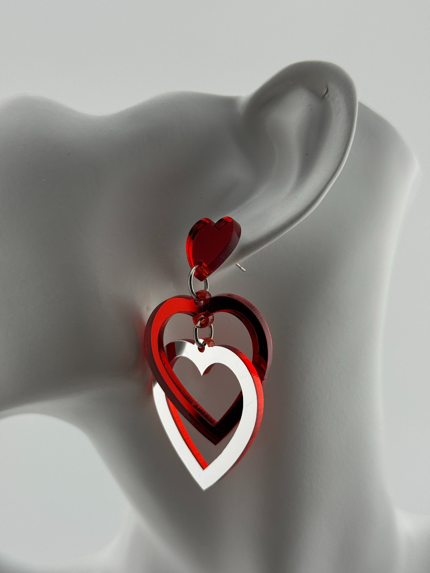 Valentines  Red and Silver Mirror Interlocking Heart Studs