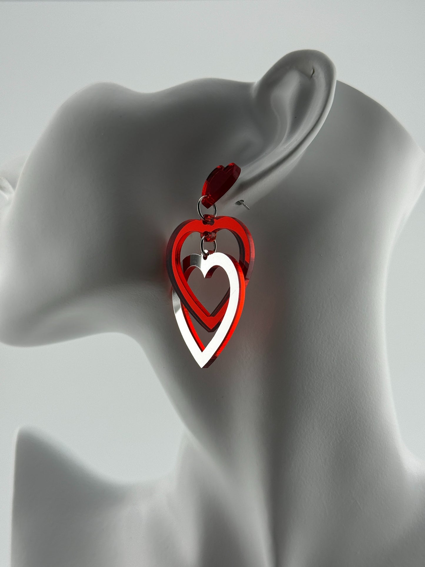 Valentines  Red and Silver Mirror Interlocking Heart Studs