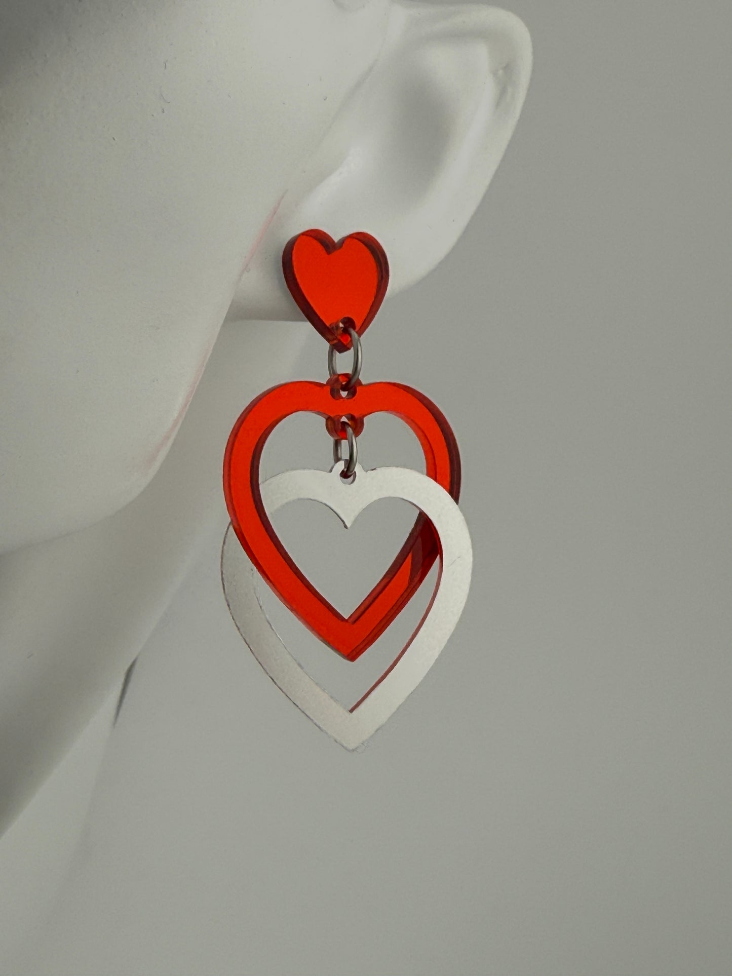 Valentines  Red and Silver Mirror Interlocking Heart Studs