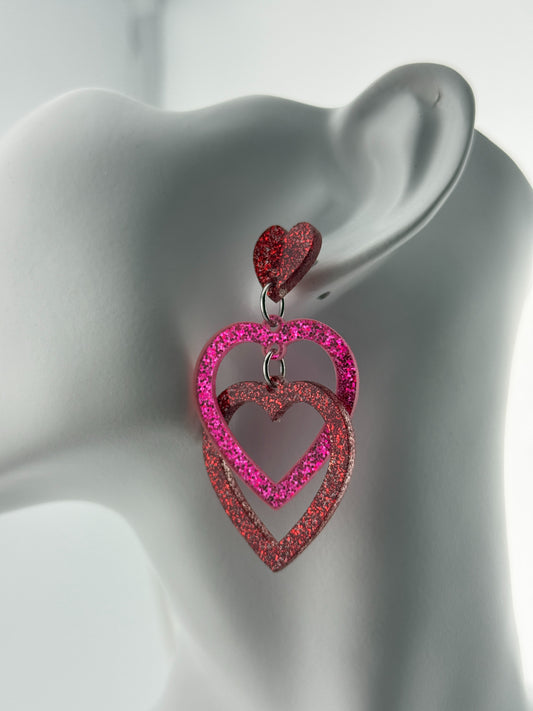 Limited Edition Valentines Red Heart Glitter Interlocking Red and Pink Acrylic Stud Earrings
