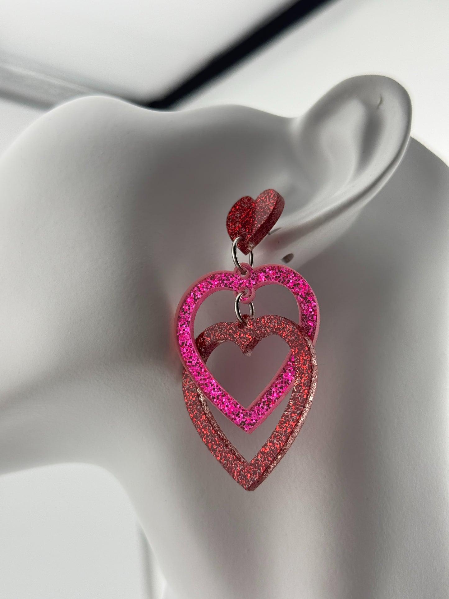 Limited Edition Valentines Red Heart Glitter Interlocking Red and Pink Acrylic Stud Earrings