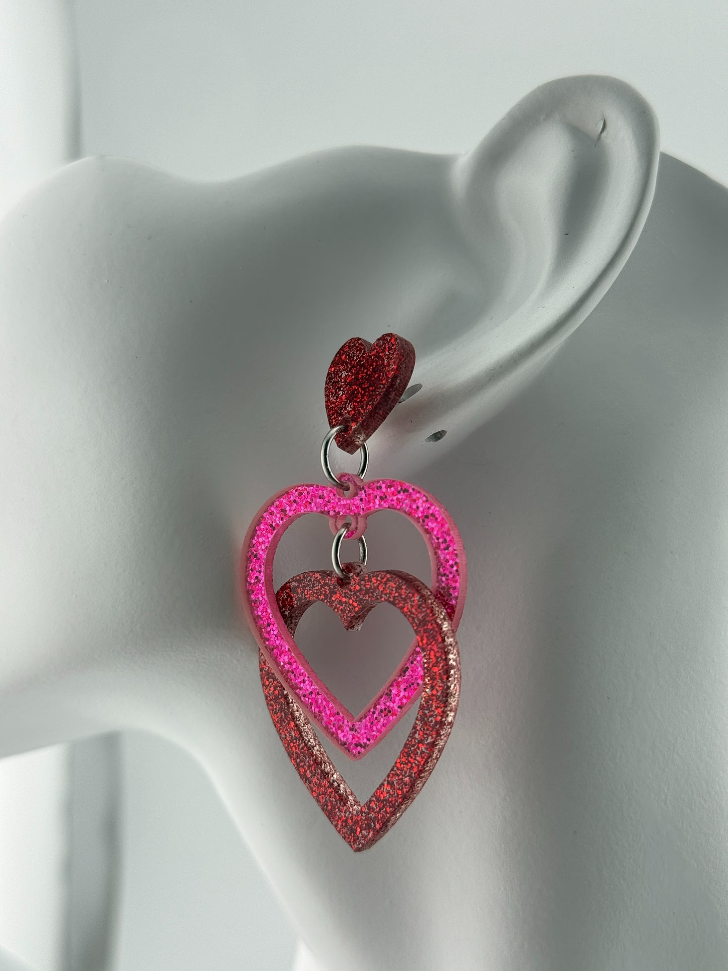 Limited Edition Valentines Red Heart Glitter Interlocking Red and Pink Acrylic Stud Earrings