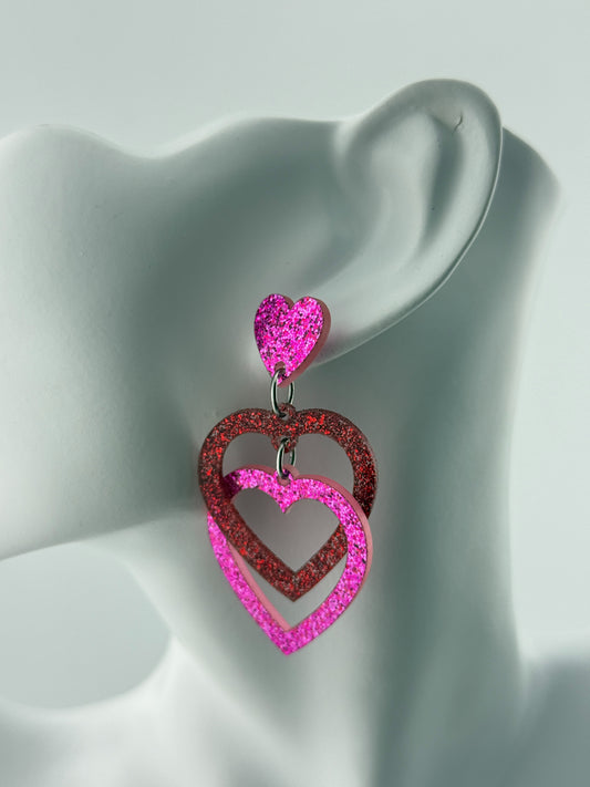 Limited Edition Valentines Pink Heart Glitter Interlocking Red and Pink Acrylic Stud Earrings