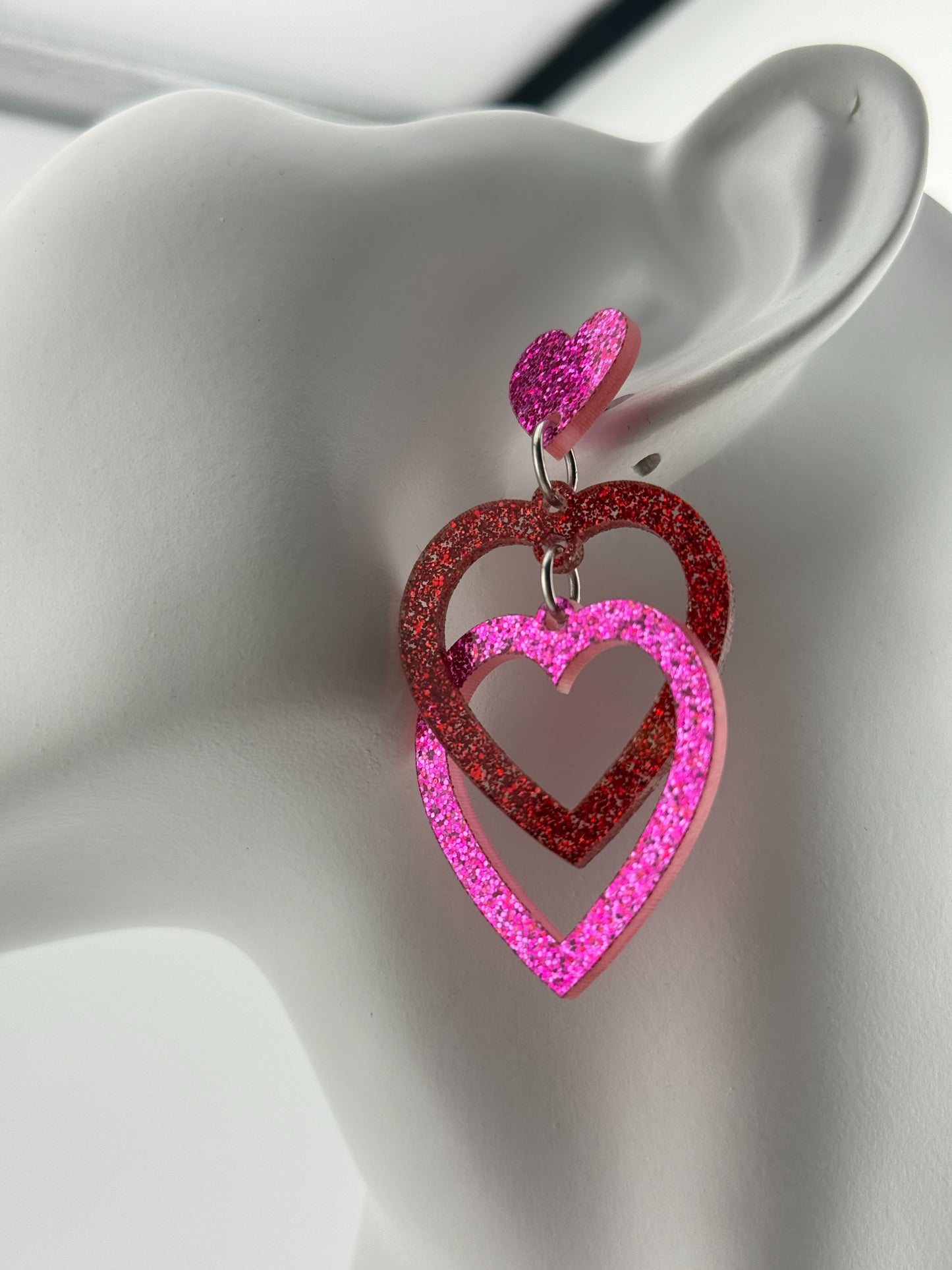 Limited Edition Valentines Pink Heart Glitter Interlocking Red and Pink Acrylic Stud Earrings
