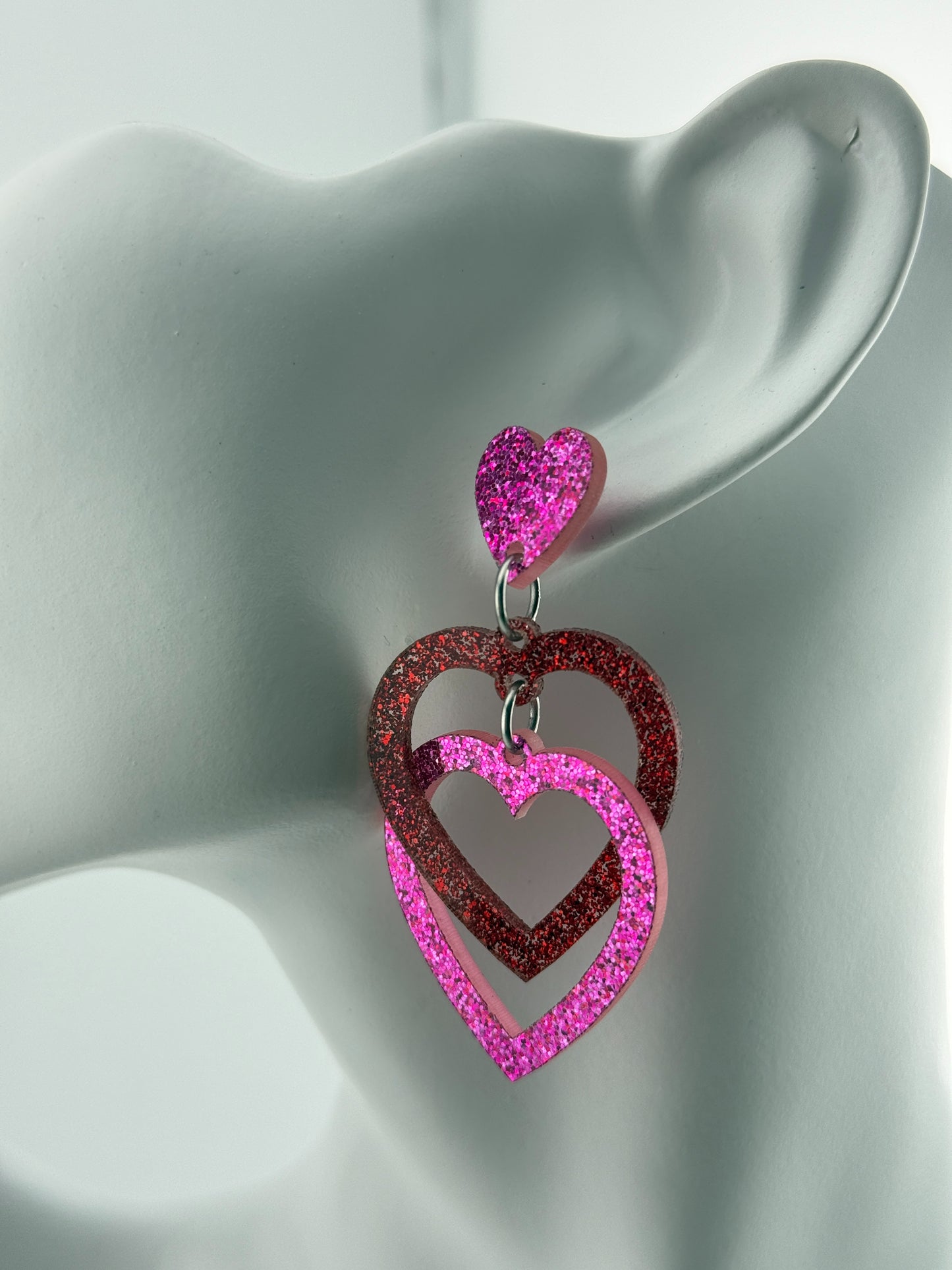 Limited Edition Valentines Pink Heart Glitter Interlocking Red and Pink Acrylic Stud Earrings