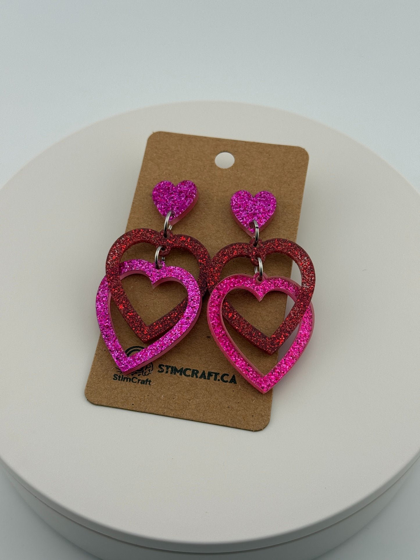 Limited Edition Valentines Pink Heart Glitter Interlocking Red and Pink Acrylic Stud Earrings