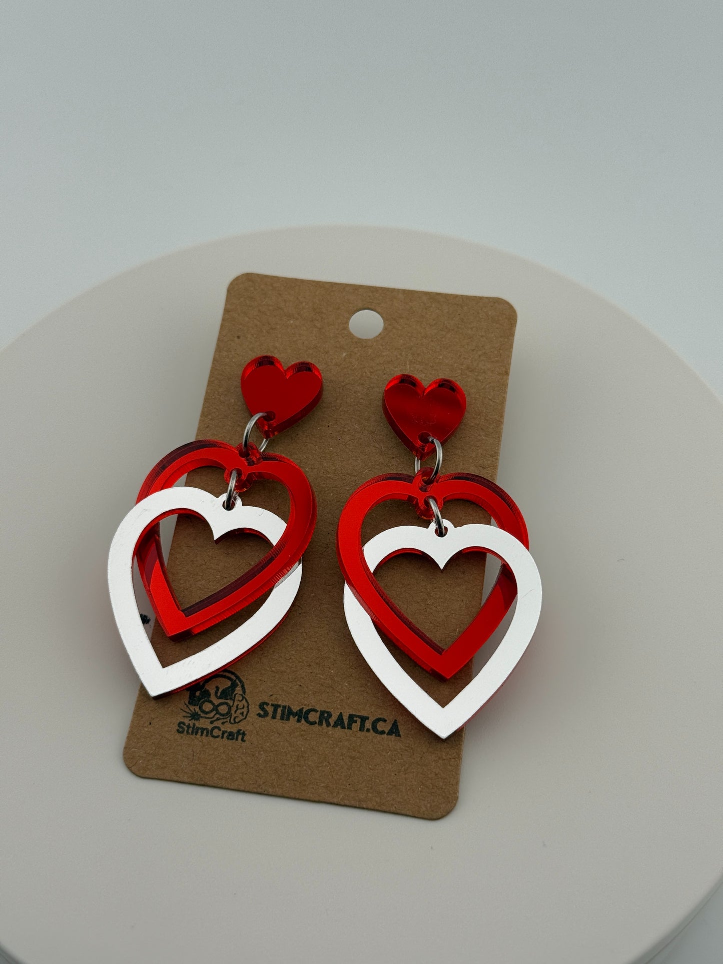 Valentines  Red and Silver Mirror Interlocking Heart Studs