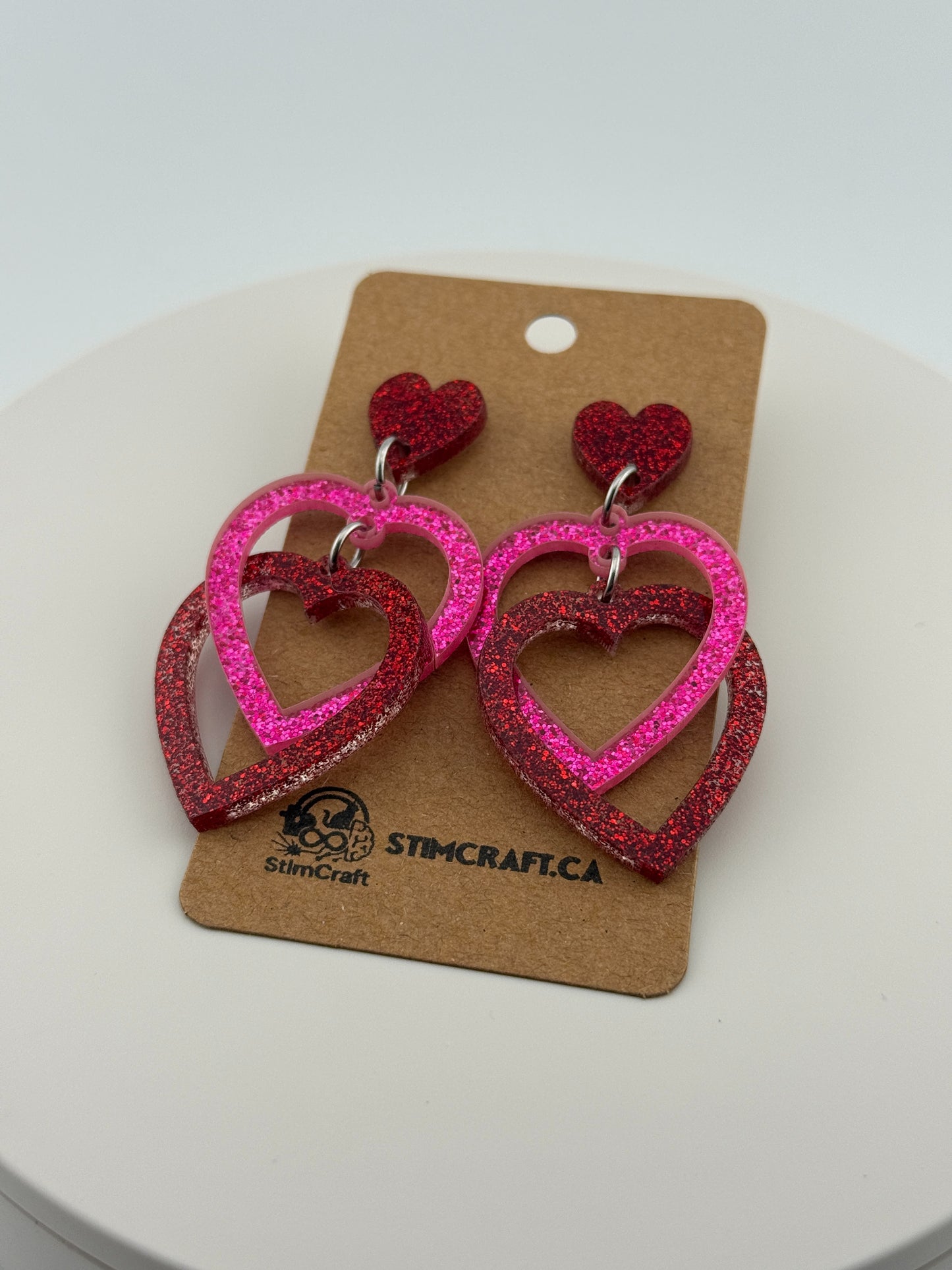 Limited Edition Valentines Red Heart Glitter Interlocking Red and Pink Acrylic Stud Earrings