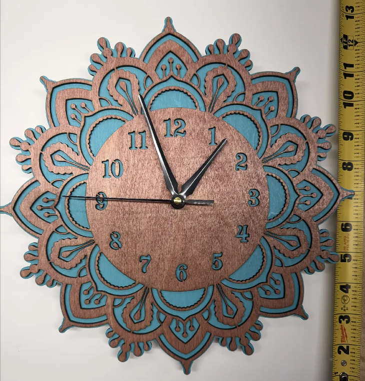🌸 Mandala Bloom Wall Clock – Red Birch & Teal Layer Edition