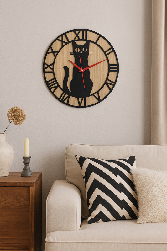 🐾 Midnight Cat Silhouette Clock – Red Hands Edition