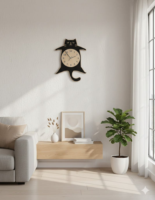 🐾 Midnight Cat Silhouette Clock – Natural Wood & Chrome Number Edition