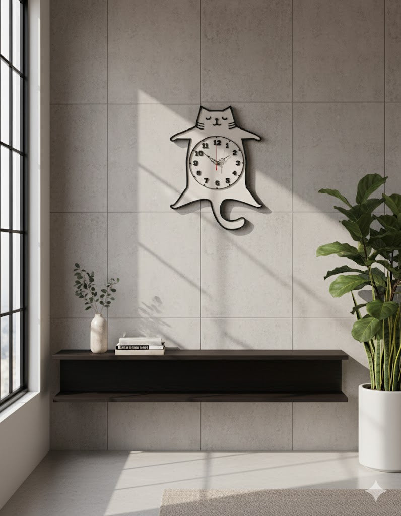 🐾 Cozy Cat Silhouette Clock – Linen Edition