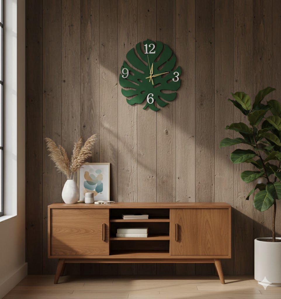 🌿 Monstera Leaf Clock – Forest Green With Chrome Number Edition