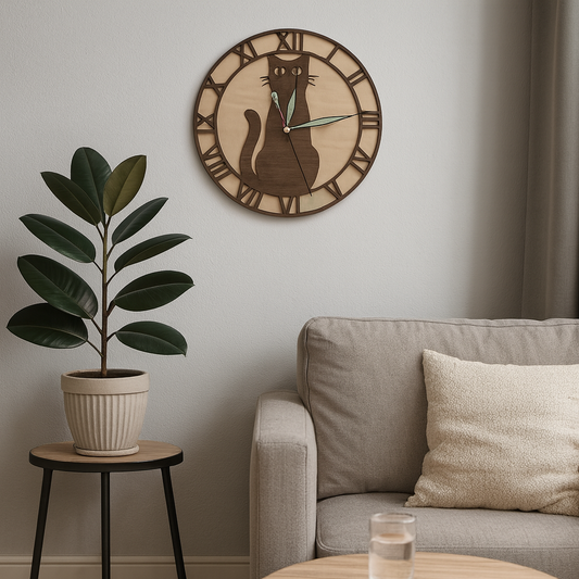 🐾 Woodland Cat Clock – Walnut Silhouette Edition