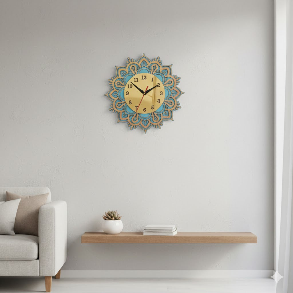 ✨ Gold Chrome Mandala Clock – Turquoise Layer Edition
