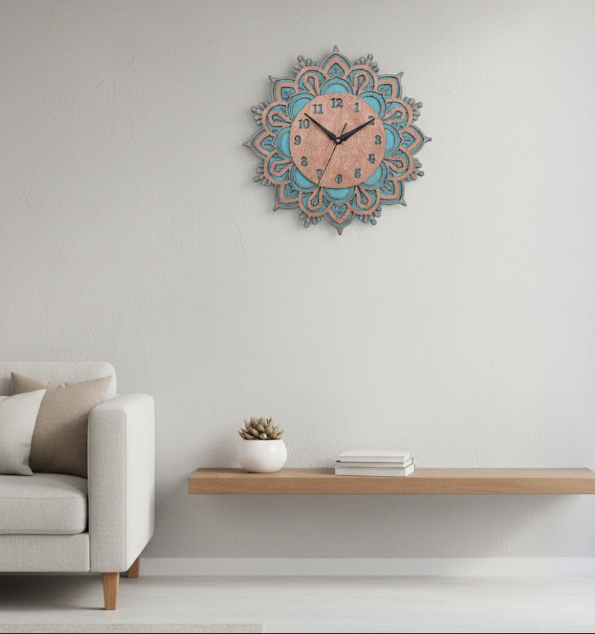🌸 Mandala Bloom Wall Clock – Red Birch & Teal Layer Edition