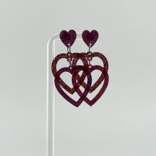 Limited Edition Valentines Pink Heart Glitter Interlocking Red and Pink Acrylic Stud Earrings
