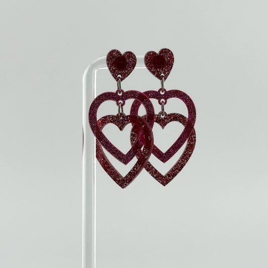 Limited Edition Valentines Red Heart Glitter Interlocking Red and Pink Acrylic Stud Earrings