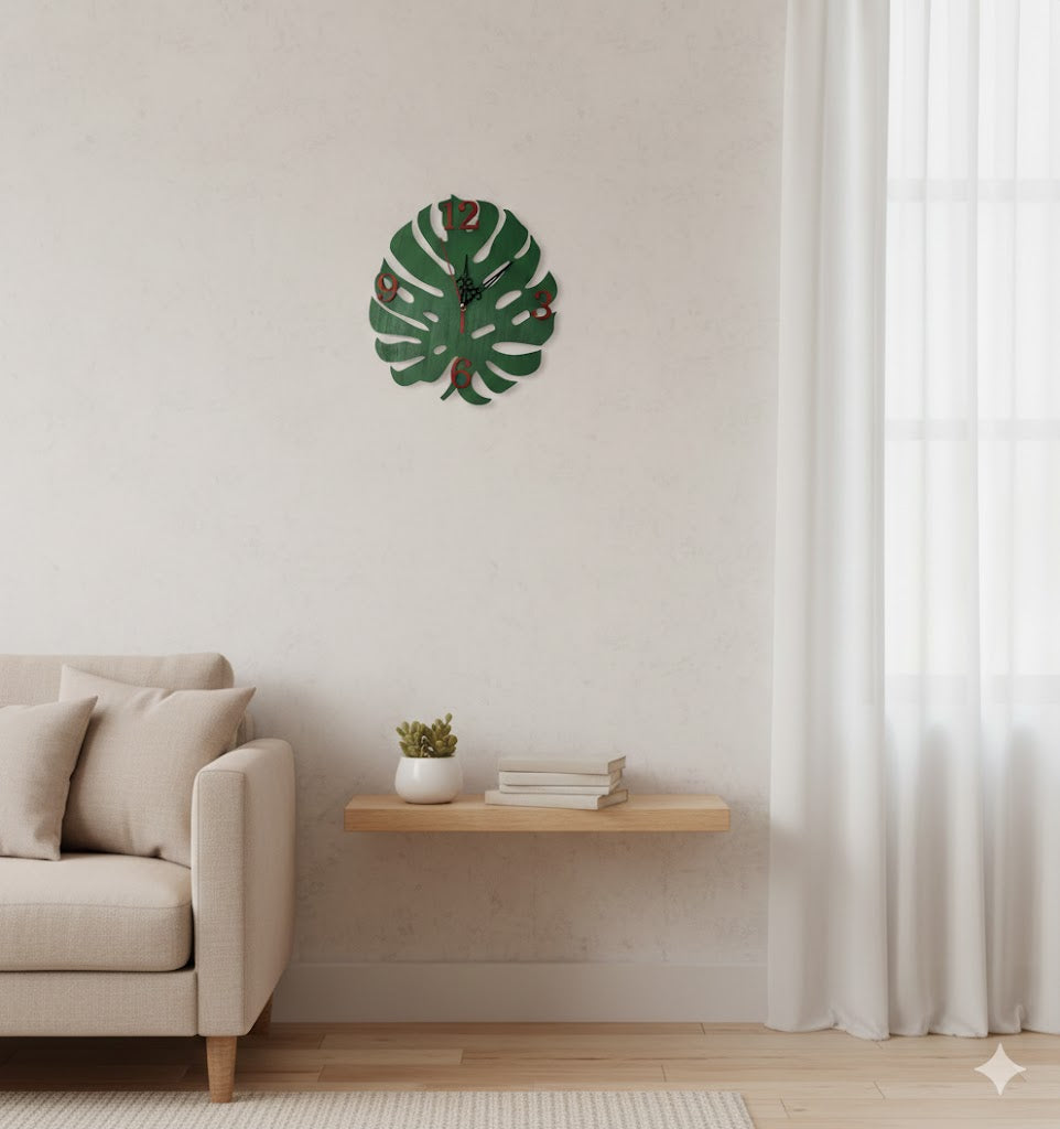 🌿 Monstera Leaf Clock – Forest Green & Deep Red Number Edition