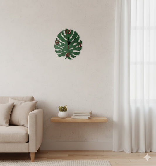 🌿 Monstera Leaf Clock – Forest Green & Deep Red Number Edition